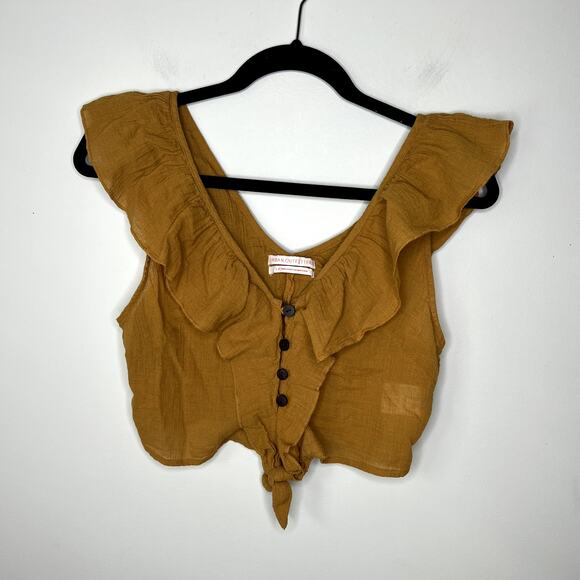 UO Urban Outfitters Ruffle Tie-Front Top Textured Cropped Small Boho Cottage - Picture 2 of 7